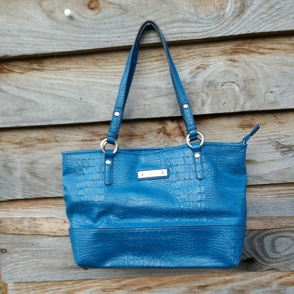 Kim Rogers Handbags - Kim Rogers Blue Double Handle Textured Large Handbag Cloth Lining ZIP Closure